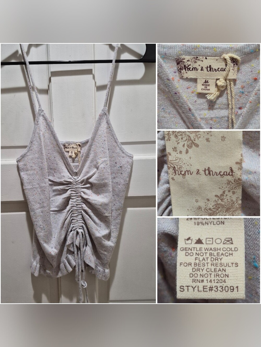 Hem & Thread Light Heather Gray Speckled Ruched Tank Top Medium NWT